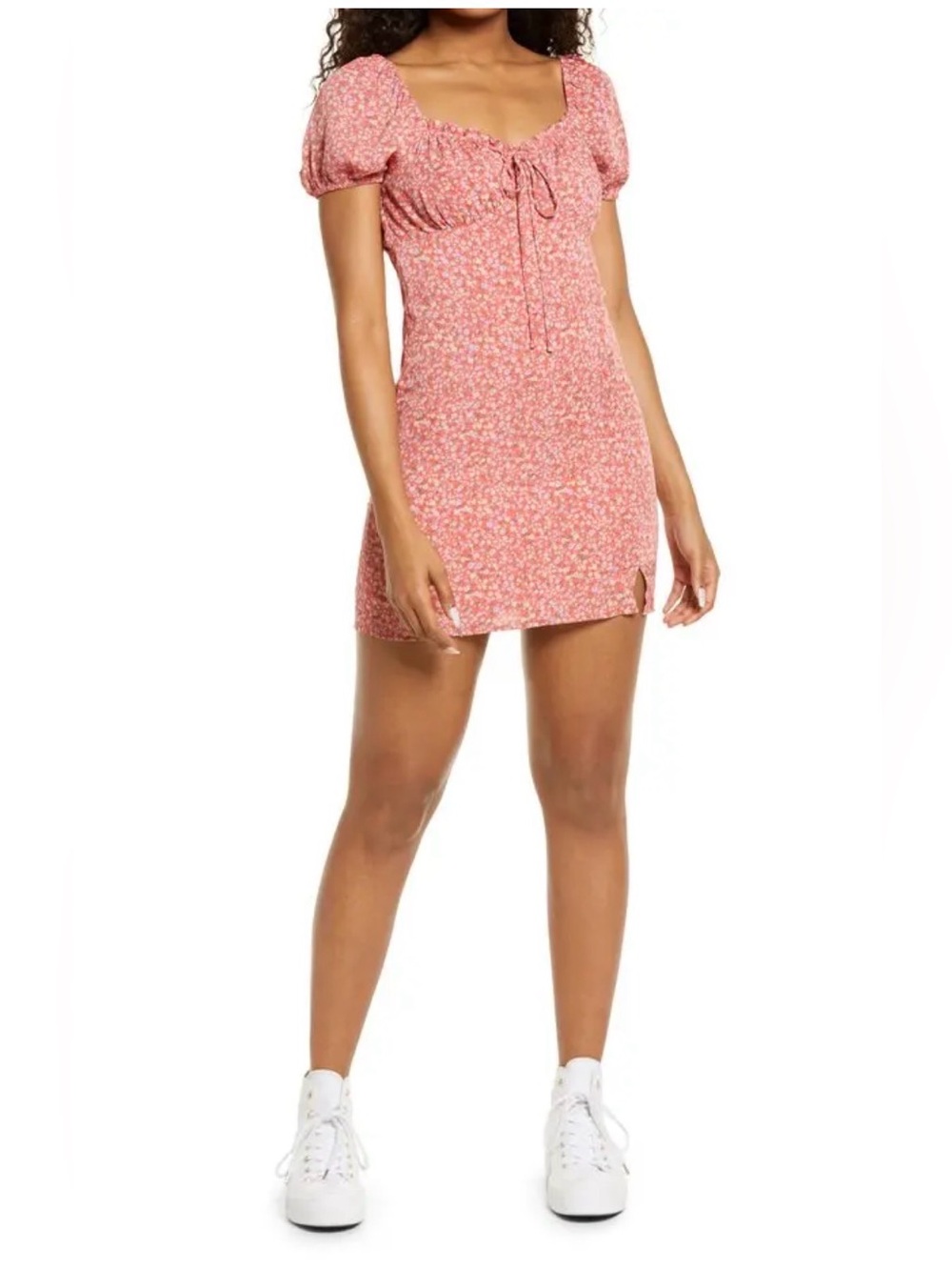 bp Pink Floral Tie-Front Puff-Sleeve Mini Dress